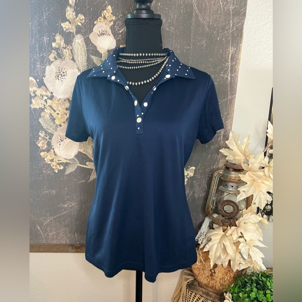 Izod‎ Golf Athletic Navy Blue White Polka Dot Collar Polo Sz M Tennis Preppy